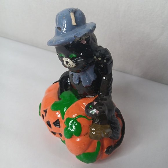 Vintage 1980s Halloween Wax Candles 2 Kitschy Pumpkins Black Cat Bat Decor - Picture 3 of 16